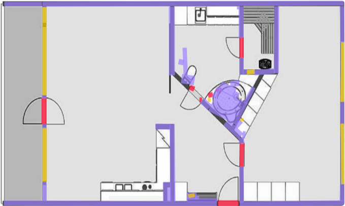 Annotation canvas showing floor plan with colored polygon overlays - purple for walls, yellow for windows, red for doors, green for floors