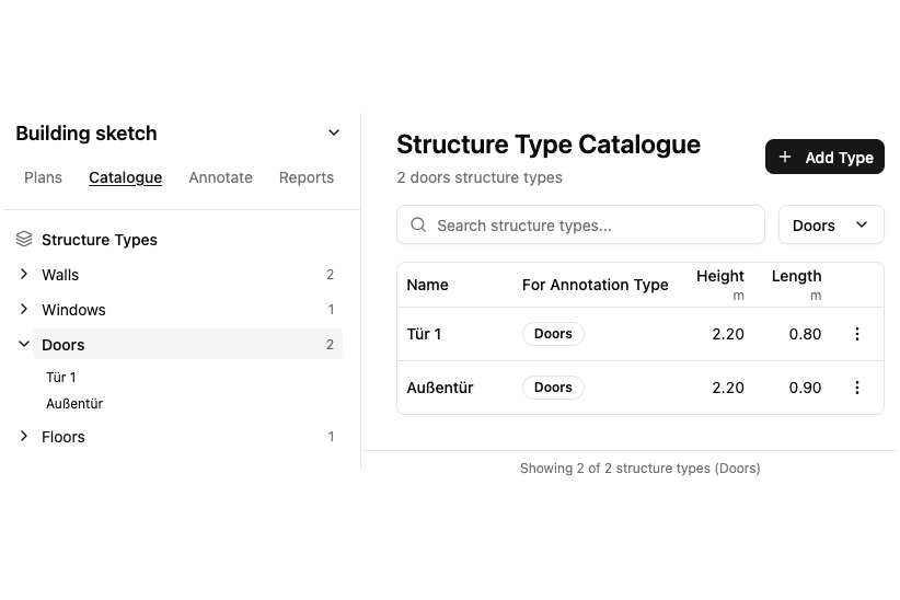 Material catalogue showing structure types and quantities for construction estimation